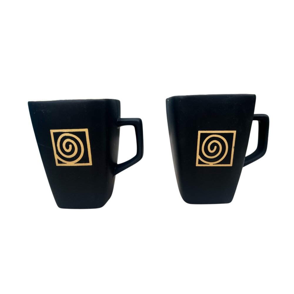 Disaronno Matte Black Ceramic Square Mugs Gold Spiral Design 4.5" Tall Set Of 2